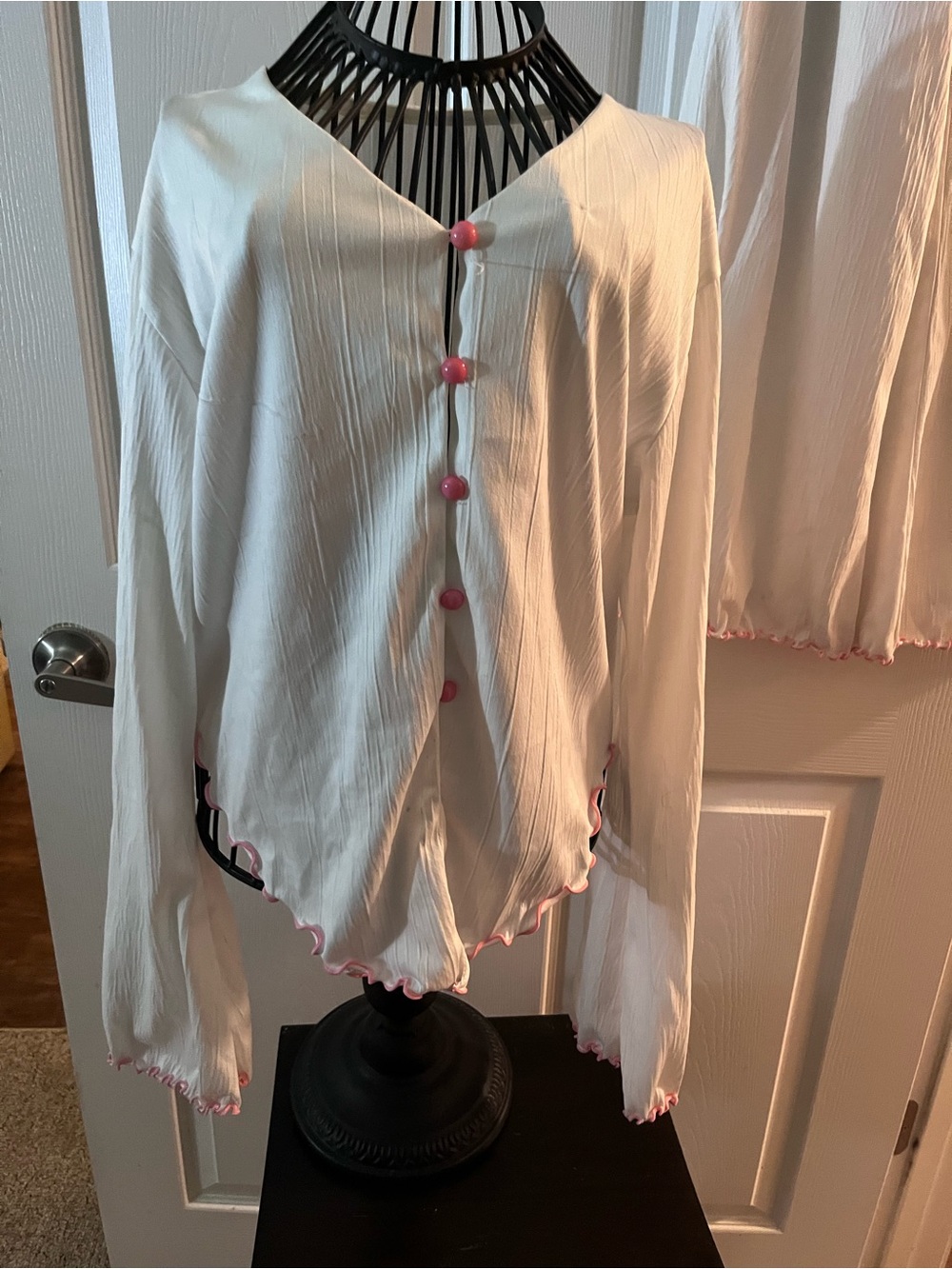 White and Pink Trim Women's Two-Piece Pajama Set
